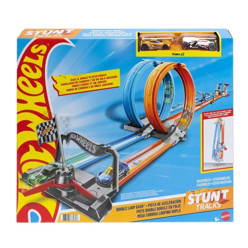 Hot Wheels Double Loop Dash Track Set with 2 Cars – Large Loops & Drag Race Fun
