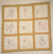 Hand-Embroidered Vintage Baby Quilt   Farm Animals on White with Peach Sashing