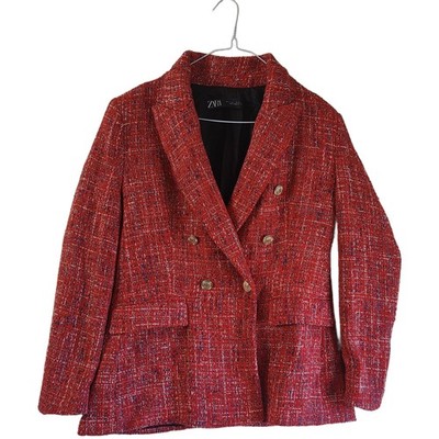 Zara Struktur Zweireiher Blazer Damen Gr. L Rot Tweed Struktur Sakko