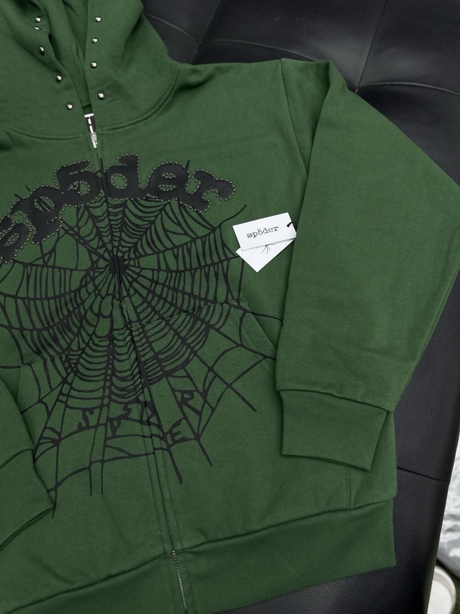 Sp5der Worldwide Green Zip Up Studded Hoodie Size Medium (NEW) 100