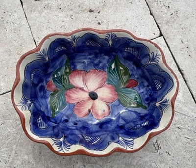 VINTAGE PORTUGAL TERRA COTTA GLAZED HAND PAINTED POTTERY Oval FLUTED BOWL