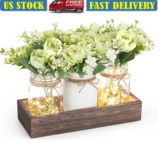 Lighted Mason Jar Centerpiece Rustic Table Decor W/ Faux Flowers  Battery Box