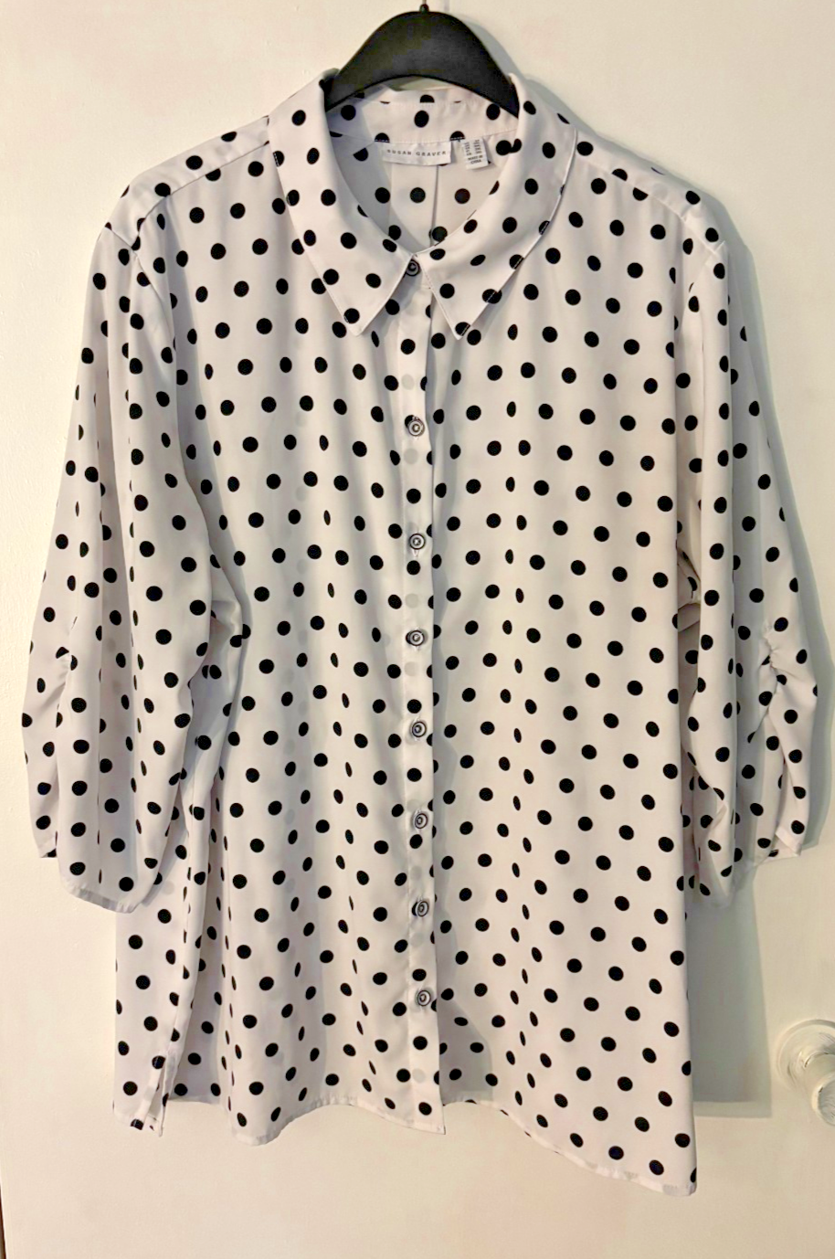 Susan Graver Women’s 2X Button Front Blouse Black White Polka Dot Top Plus Size