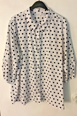 Susan Graver Women s 2X Button Front Blouse Black White Polka Dot Top Plus Size