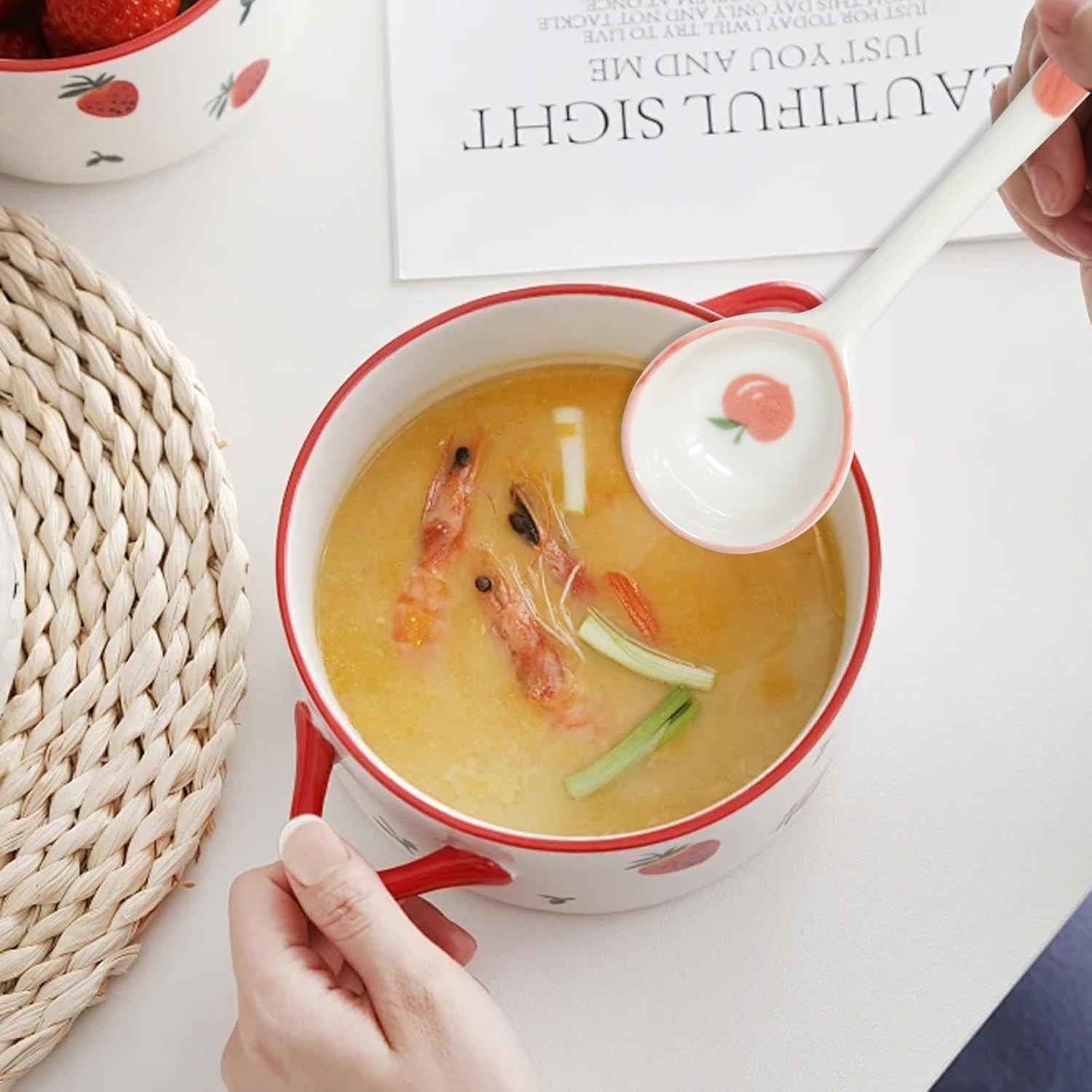 Honbay 4PCS Long Handle Ceramic Soup Spoons Cute Fruit Strawberry Multicolor 