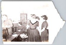 Vtg B&W Snapshot Women in Elegant Party Dresses Christmas Tree Gathering 1950s