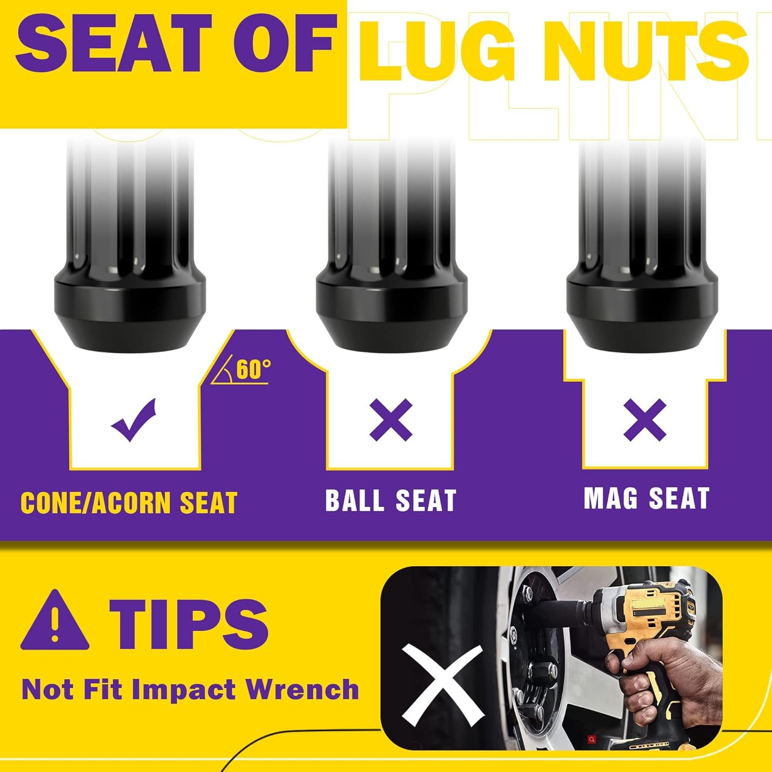 M14X1.5 Spike Lug Nuts, Set of 24 Black Spline Spiked Lug Nut with Key for Chevy