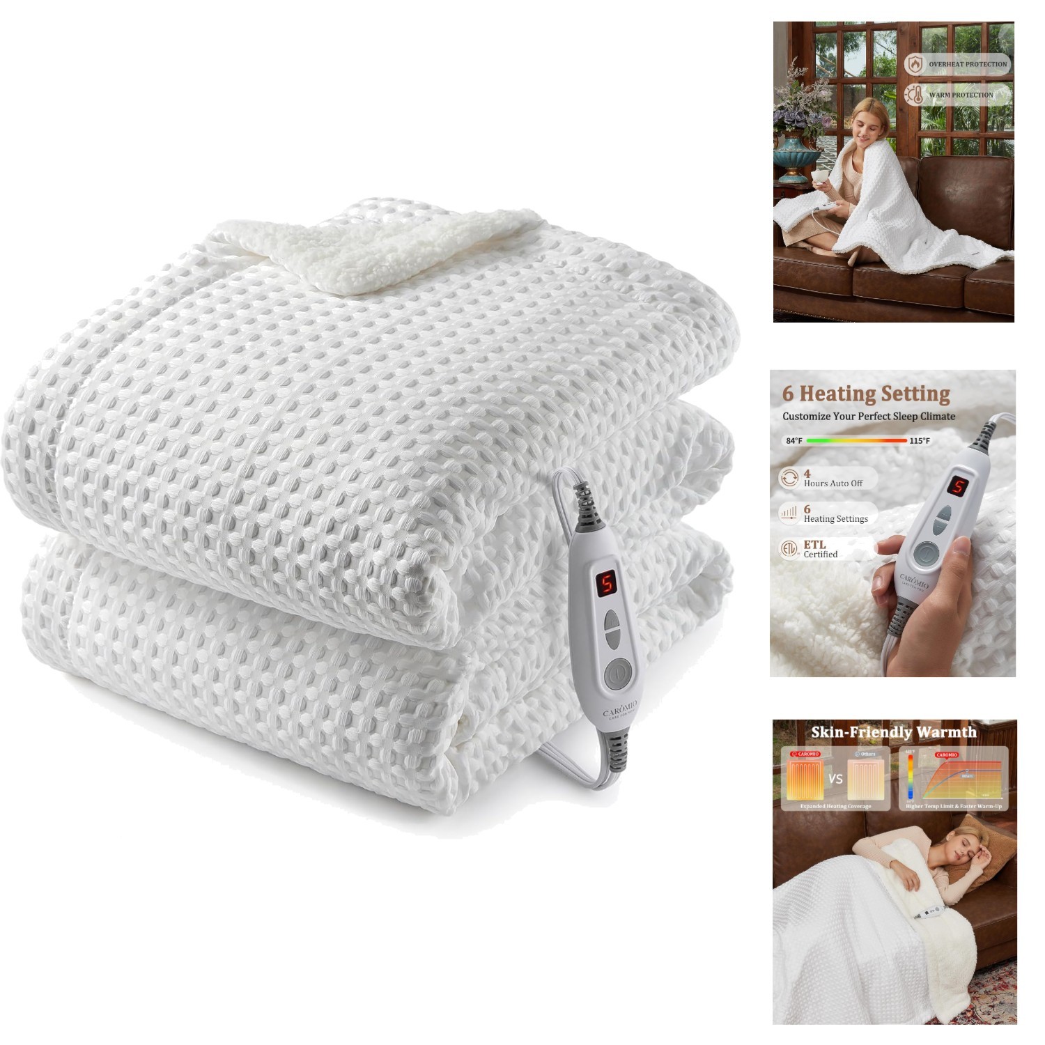 Electric Heated Blanket Throw Waffle Weave Sherpa Fleece 6 Heat Levels Auto-Off
