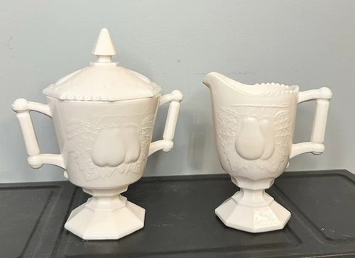 Vtg. Jeannette Pink Milk Glass Baltimore Pear Pattern Sugar & Creamer - Classic