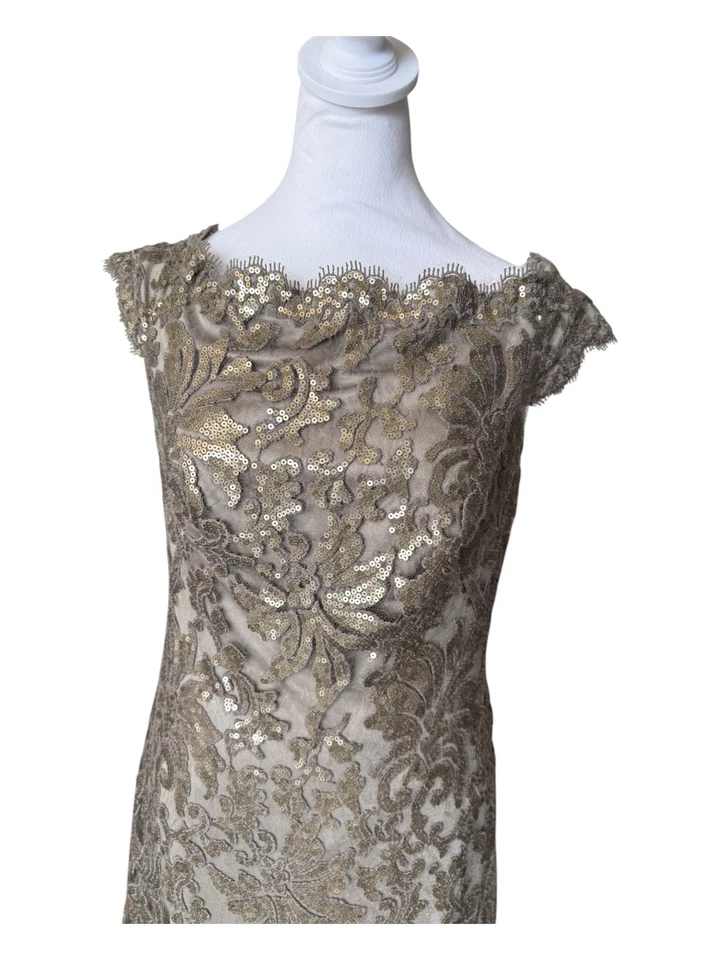 Tadashi Shoji Size 6 Paillette Embroidered Lace Gown Off Shoulder Champagne - Image 4 of 4