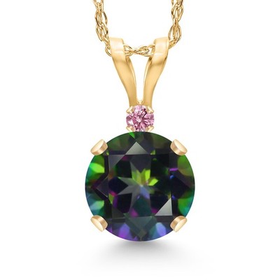 14K Yellow Gold Green Mystic Topaz and Pink Lab Grown Diamond Pendant Necklace