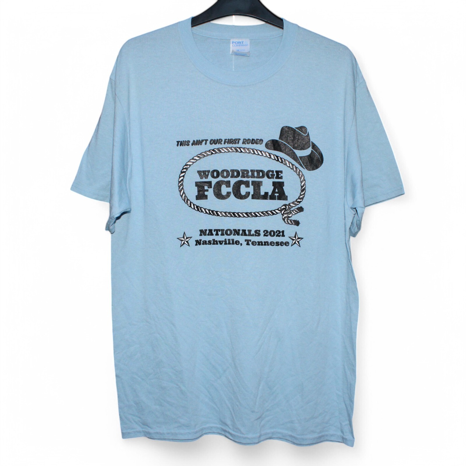 USA High School T Shirt Mens Medium Baby Blue Cowboy Nashville Woodridge