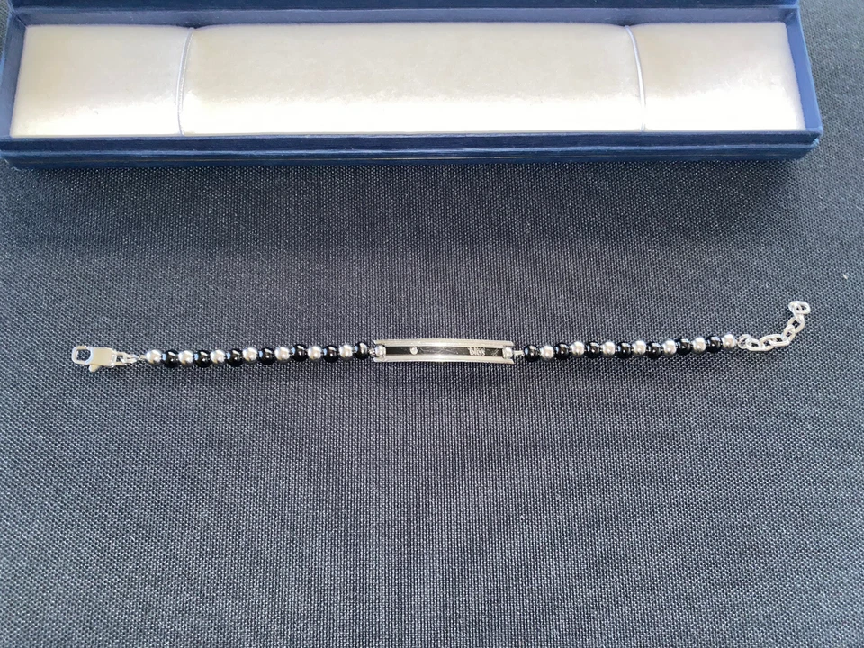 Bracciale BLISS in acciaio e ceramica, pallini nero argento e incastonatura - Immagine 2 di 4