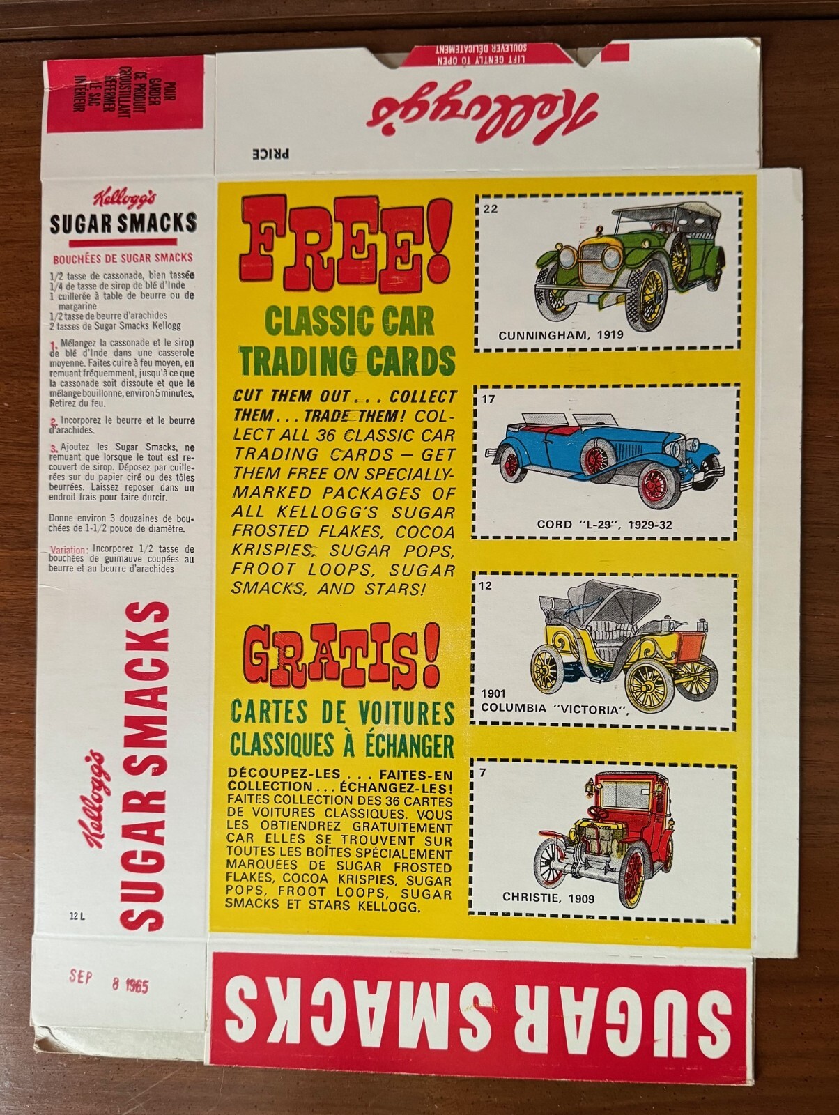 1965 Kellogg's Sugar Smacks Cereal Box Flat, Classic Car Trading Cards