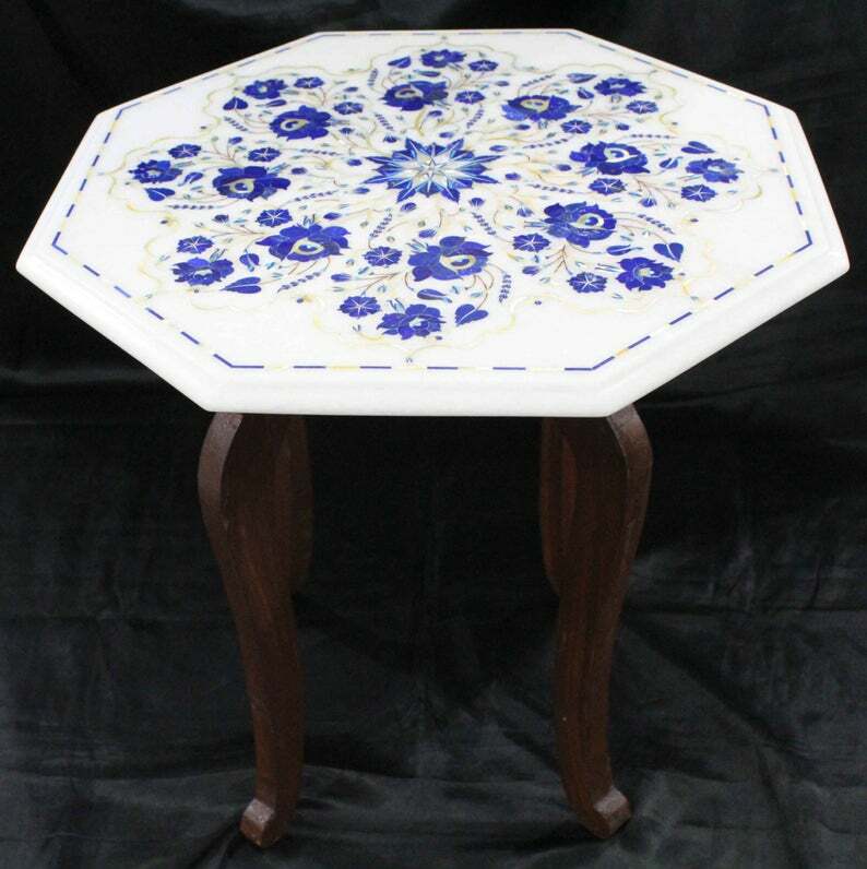 18-inch Handmade Marble Side Table with Semi-Precious Stone Inlay and Wooden Stand