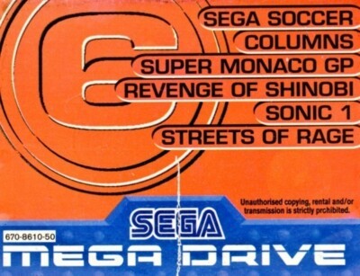 Mega Drive 6 in 1 Soccer, Columns, Super Monaco GP, Revenge of Shinobi, Sonic 1