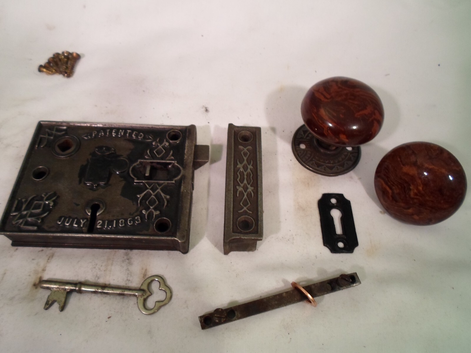 Antique 1863 Civil War BLW Steel Rim Lock Bennington Door Knobs w/key