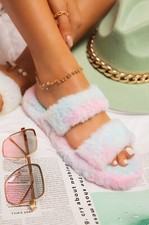 New Womens Double Strap Faux Fur Open Toe Slide Sandal Slipper Low Flat Platform