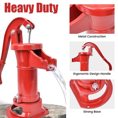 Manual Hand Water Pitcher Pump 25Ft Lift Cast Iron Hand Well Pump Suction Red