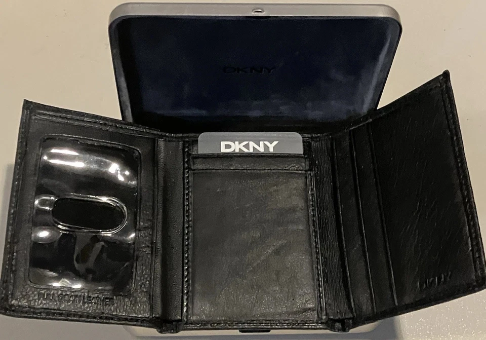 NUEVO CON ETIQUETAS DKNY Cartera Triple de Cuero Grano Completo Negra con Juego de Caja de Regalo de Metal Foto 2 de 4