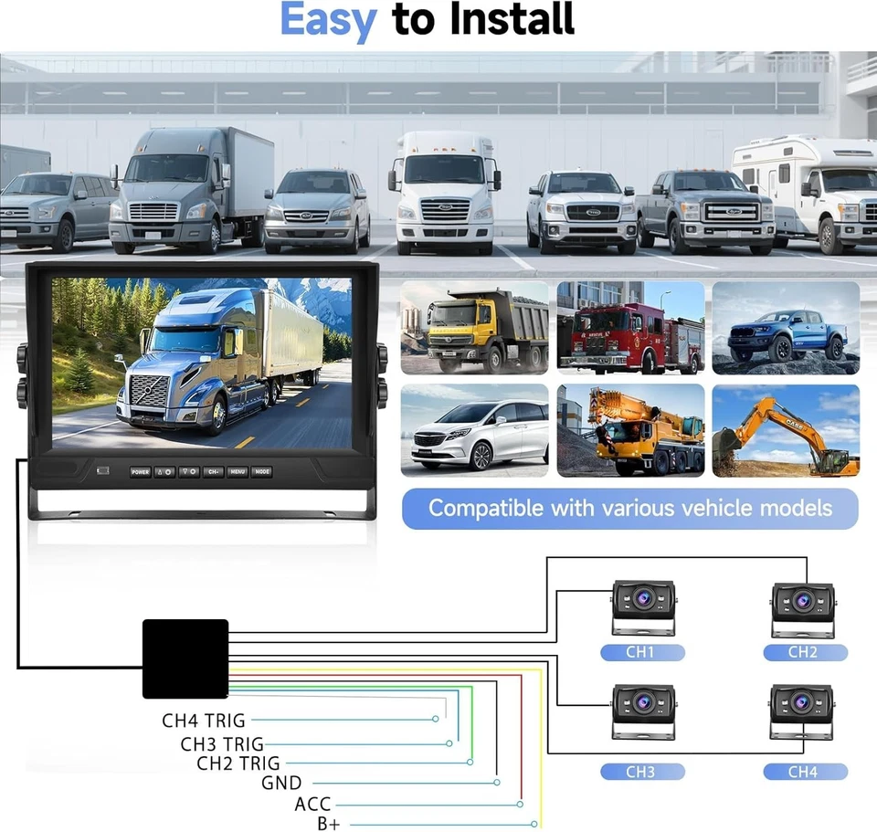 4 Channel 9 inch IPS Backup Camera System HD 1080P Wired Support Recording - Image 4 of 4