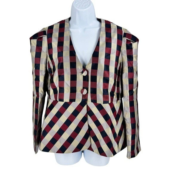 Tuckernuck NEW Medium Bordeaux Check Jacquard Zoey Top Jacket Size L - Image 3 of 4