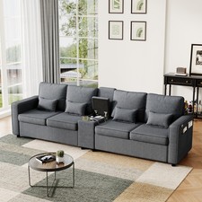 4-Seater Grey Sofa with Storage Console, Cup Holders & USB/Type-C Charging