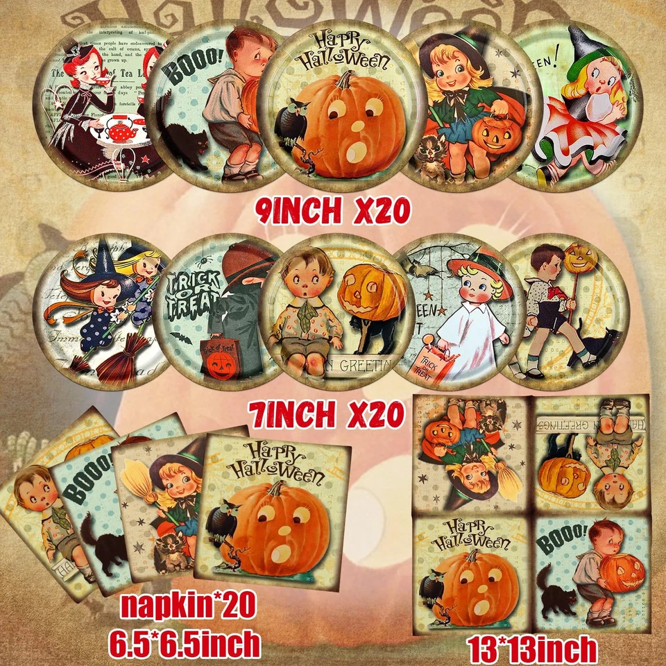 Decoraciones de Halloween vintage, 60 piezas platos y servilletas vintage de Halloween Foto 4 de 4