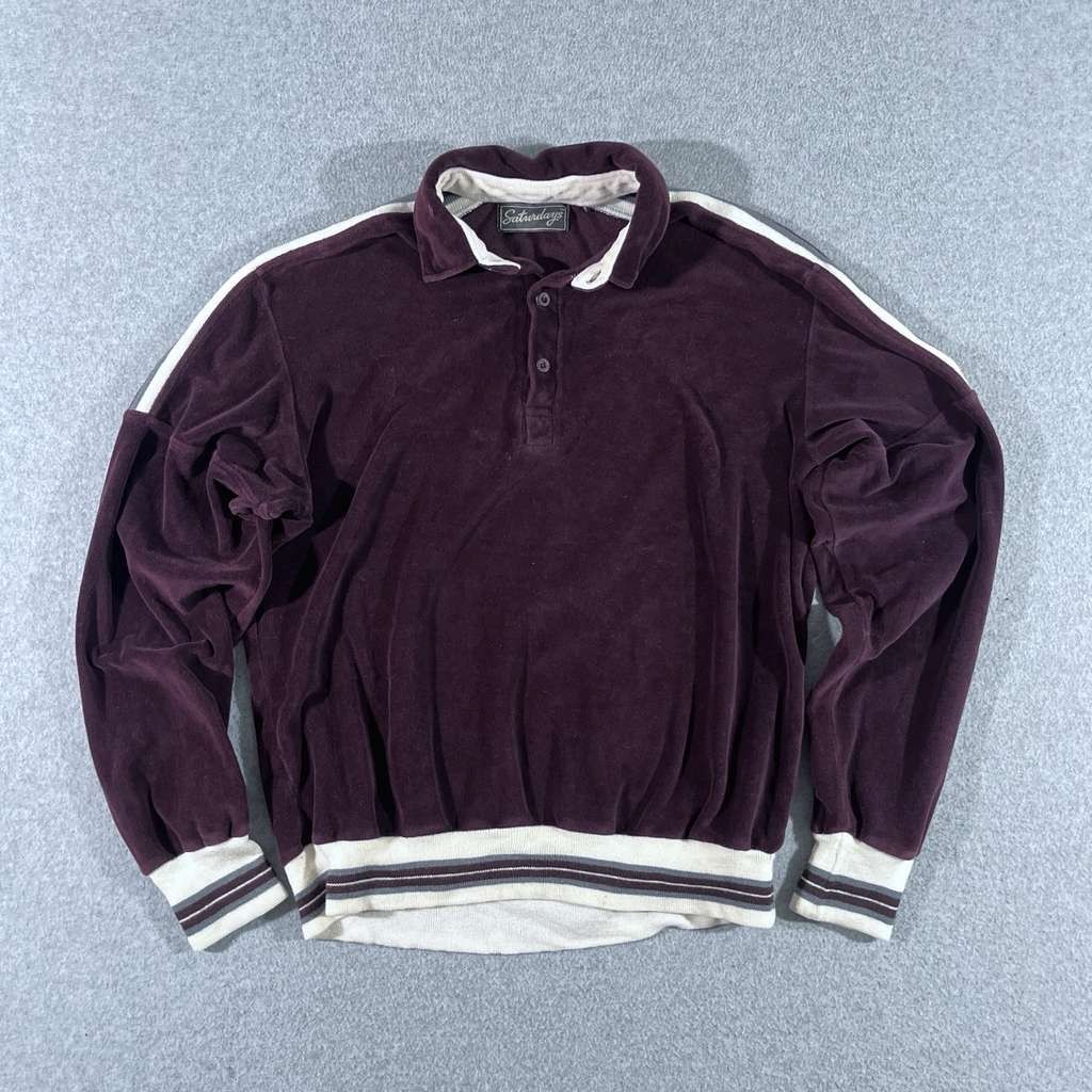 Vintage Saturdays Shirt Mens Medium Polo Sweater Velour Terry Varsity Purple