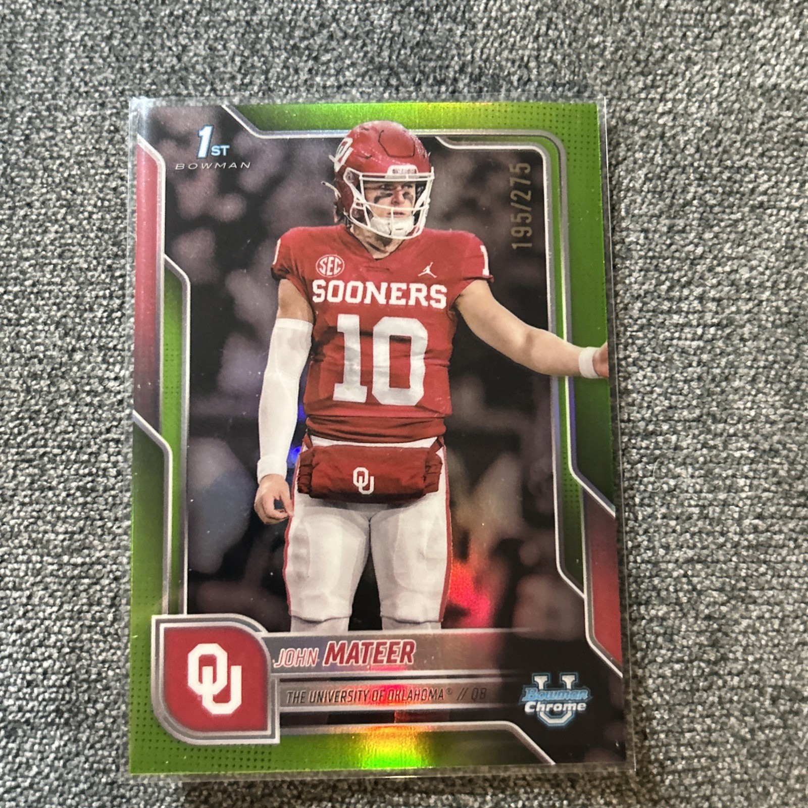 John Mateer 2025 Bowman U 1st Chrome Lime Green Refractor /275 RC Oklahoma