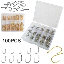 100PCS Fishing Hooks 10 Sizes Carbon Steel Sharp Fish Hook Set with Barbs & Box