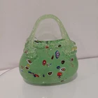 Vintage Murano Millefiori Flowers Inspired Green Art Glass Handbag Shaped Vase