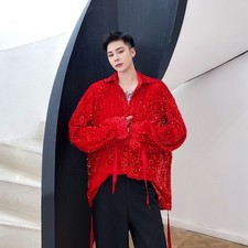 Men Sequined Velvet Button Shirt Long Sleeve Strap Glitter Nightclub Performance