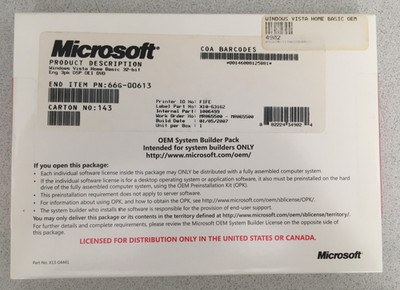 Microsoft Windows Vista Home Basic 32-bit System Builders Pack