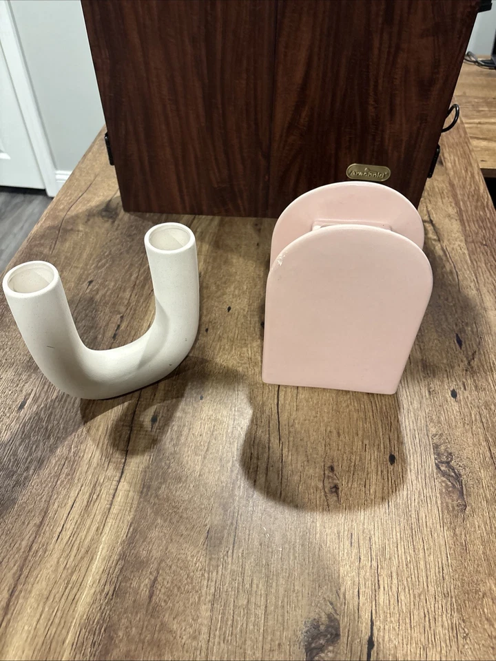 Juego de 2 jarrones abstractos minimalistas de cerámica florero rosa y blanco Foto 3 de 4