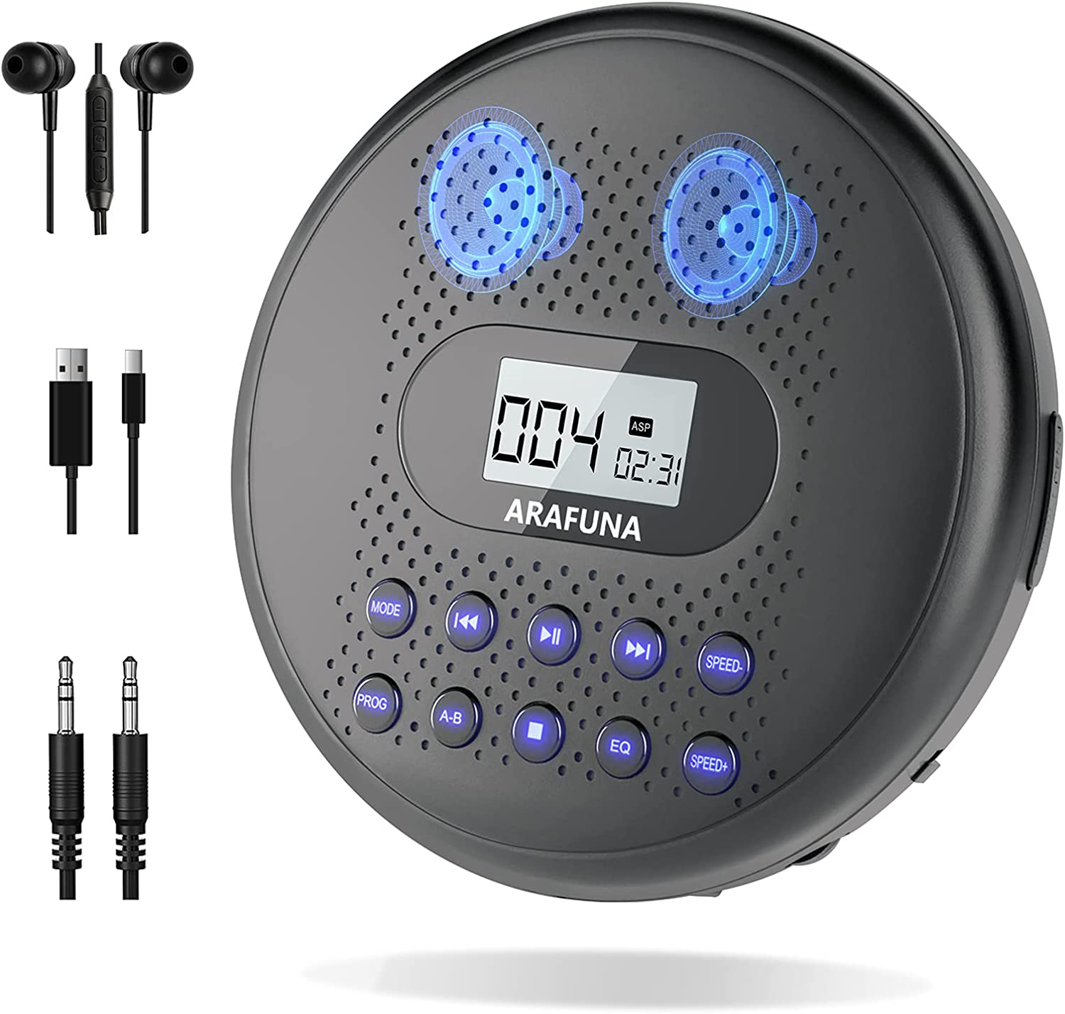 Portable CD Player with Dual Stereo Speakers, Rechargeable CD Player for Car wit