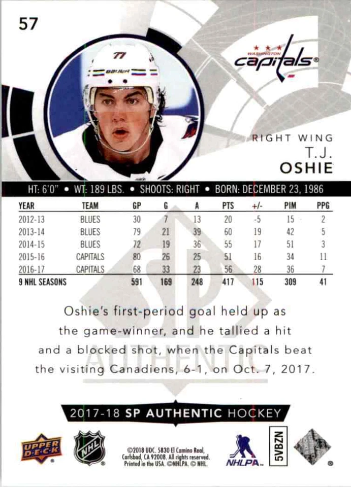 2017-18 upper deck SP Authentic T.J. Oshie #57 - Image 2 of 2