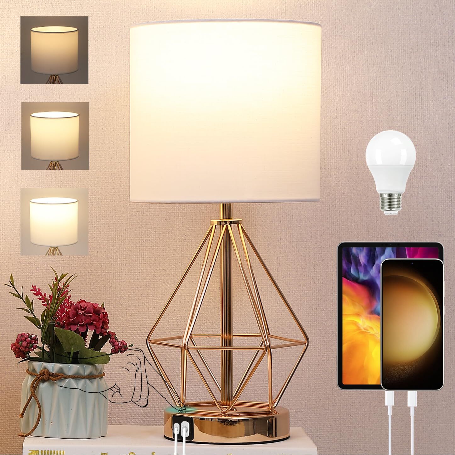 Table Lamp with USB Port, 3 Way Dimmable Touch Lamps for Nightstand, Modern S...-image