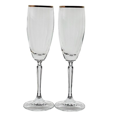 2 Schott Zwiesel Concord Gold Champagne Glasses 9'' 1990s gold rim stemware vtg