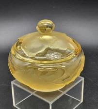 Viking Glass Clear Yellow Candy Bowl With Lid Frosted Satin Cabbage Leaf Trinket