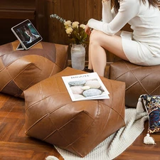 Unstuffed Faux Leather Pouf Cover, Handmade Footstool Bedroom Ottoman Storage US