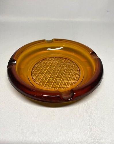 Vintage 6" Large Round Amber Glass Smoking Stand Ashtray