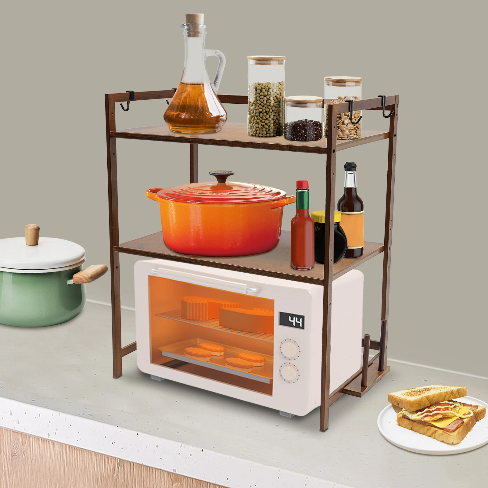2 Tier 4 Hook Kitchen Storage Rack for Microwave Oven Stand Shelf Organizer
Opens in a new window or