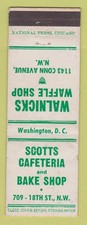 Matchbook Cover - Scotts Cafeteria Walnicks Waffle Shop Washington DC WEAR
