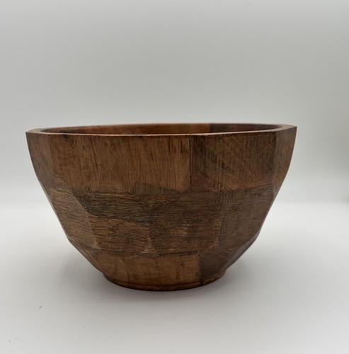 Honeycomb Angular Geometric Rustic Carved Wooden Bowl 8"