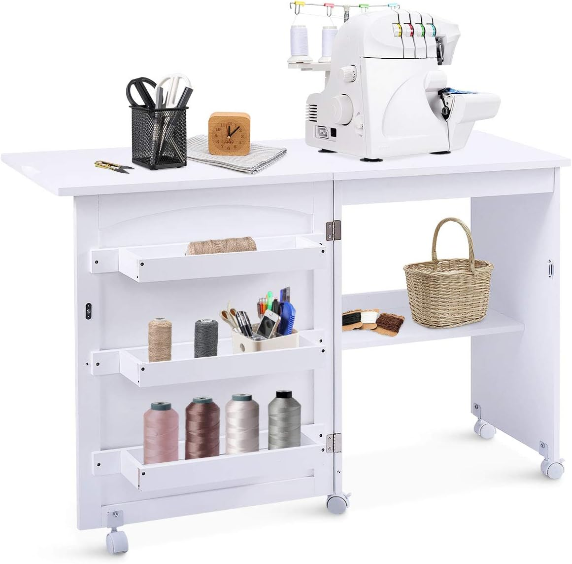Sewing Table Folding Mobile Craft Desk Storage Shelves Lockable Casters Brown