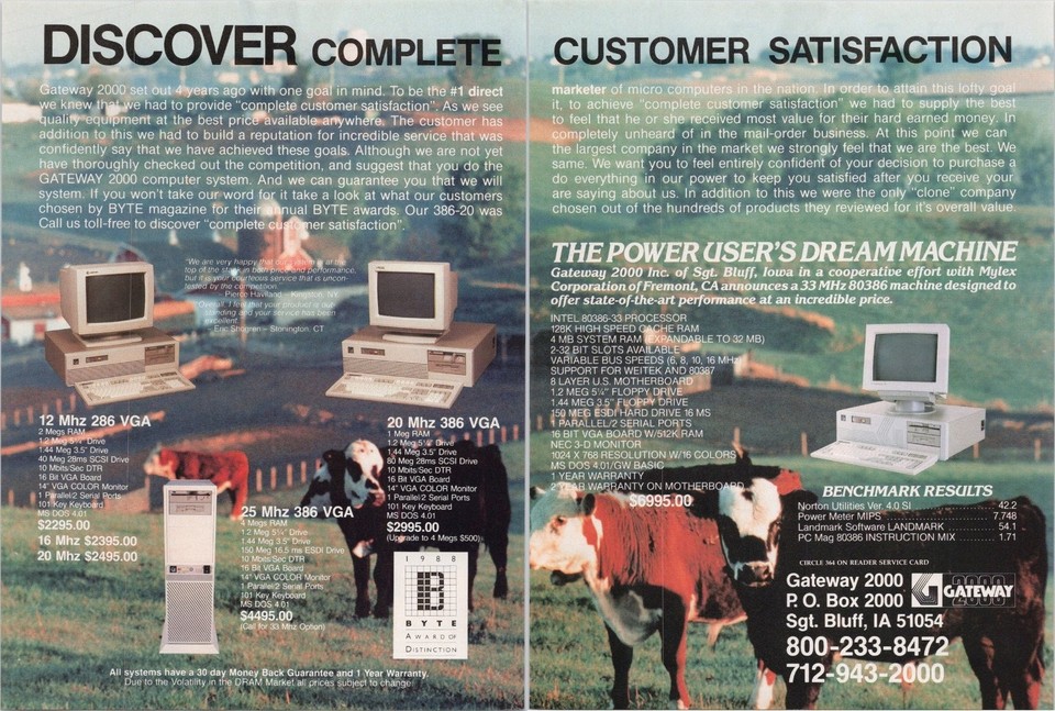 The legendary Gateway 2000 cow-box ad from 1989 — one of the most iconic and absurd marketing moments in PC history, wall-worthy for any tech nerd.