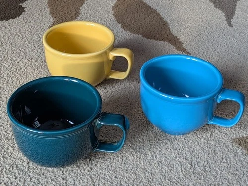 Set of 3 Fiesta Homer Laughlin Fiestaware Peacock Blue, Yellow, Aqua Jumbo Mugs
