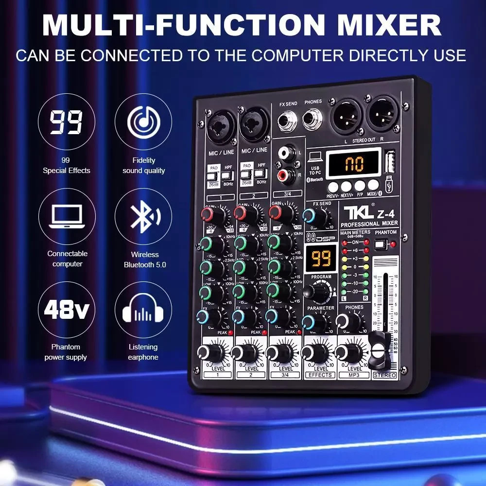 4-Kanal Audio Mixer mit DSP, USB, Bluetooth 48V Phantomspeisung für DJ & Karaok