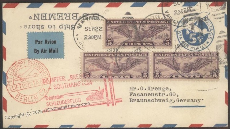 USA 1931 Bremen Catapult K91 Cover Airmail Germany Braunschweig 116212